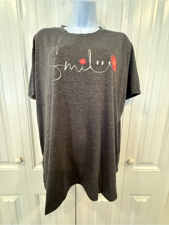None Tops - Smile Graphic Tee with Floral Detail Gray Short Sleeve Top Plus Size 3XL